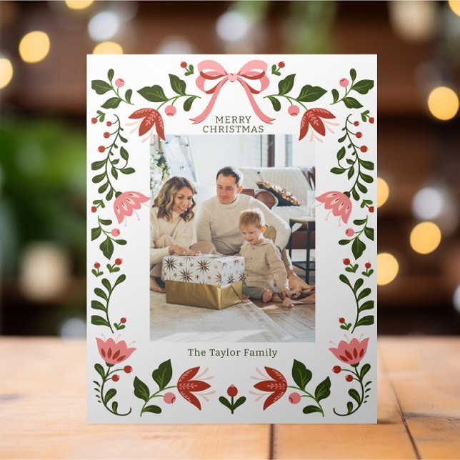 Tarjeta Festiva Elegante foto de Navidades de marco floral (Elegant Floral Frame Christmas Photo Holiday Cards from Ricaso. Add your own photograph and text)