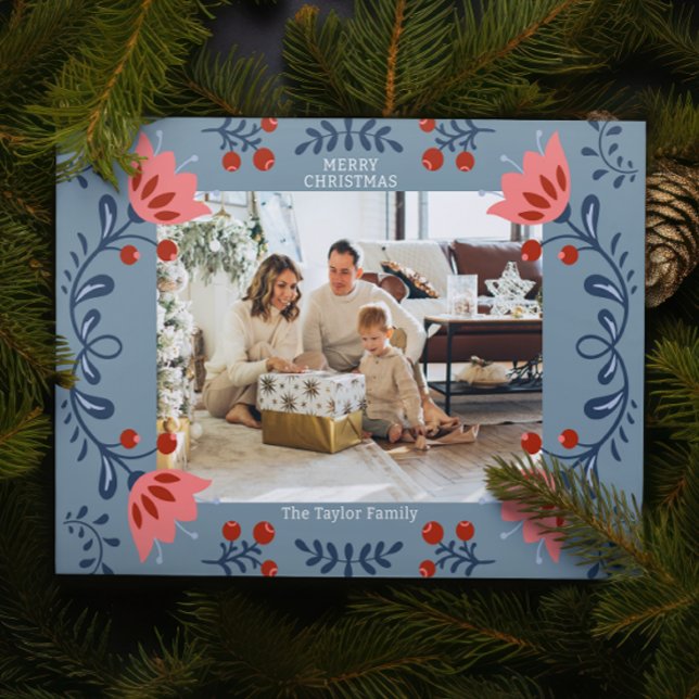 Tarjeta Festiva Elegante foto de Navidades de marco floral (Elegant Floral Frame Christmas Photo Holiday Cards from Ricaso. Add your own photograph and text)