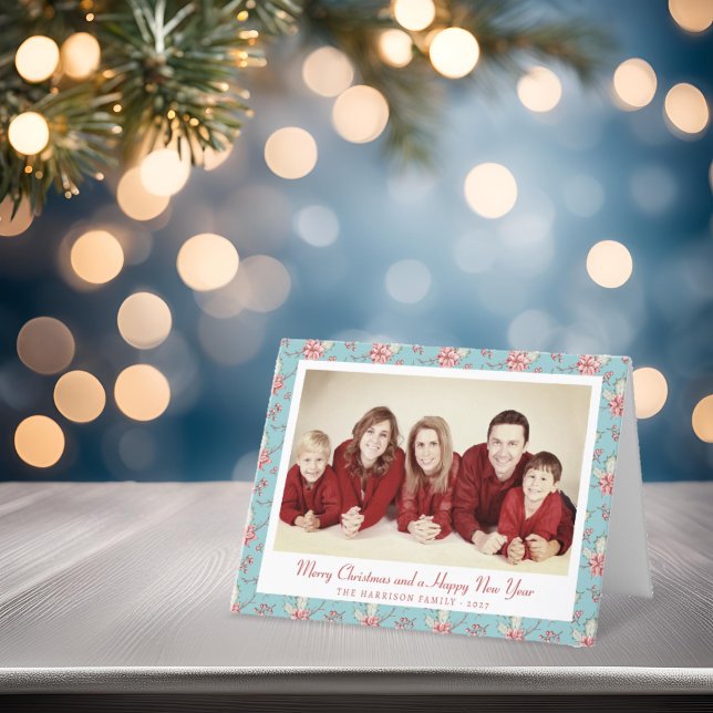 Tarjeta Festiva Elegante foto de Navidades del Huevo Azul del Pato (elegant duck egg holly personalised Christmas photo card )