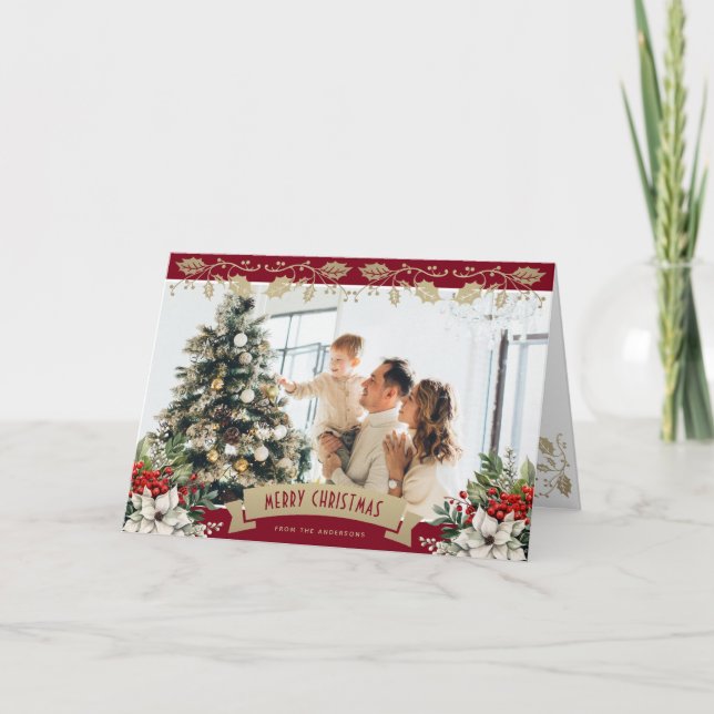 Tarjeta Festiva Elegante Foto de Nochebuena Rojo Dorado de Acebo e (Anverso)