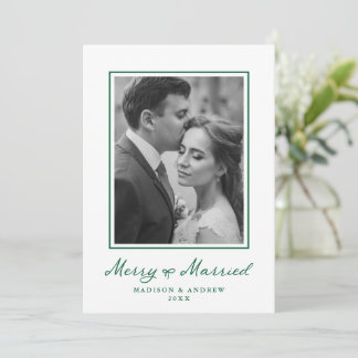 Tarjeta Festiva Elegante Foto de recién casados con lazo verde ale