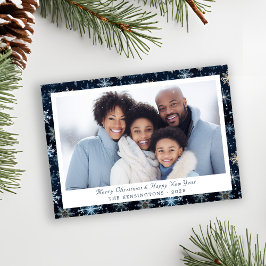Tarjeta Festiva Elegante foto de vacaciones con copos de nieve azu