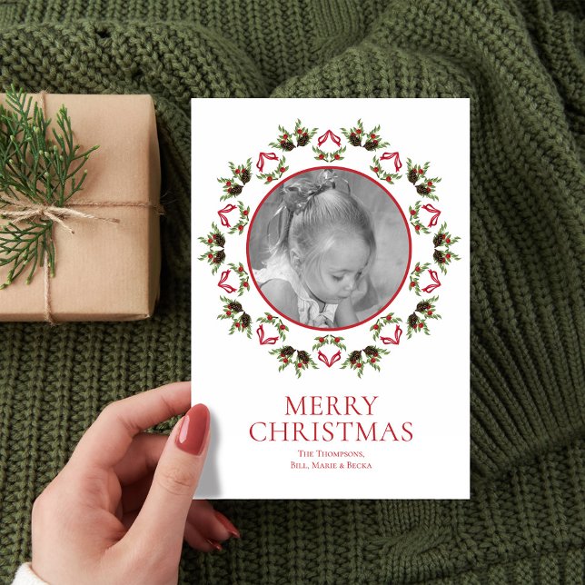 Tarjeta Festiva Elegante foto de verde navideño (Elegant Merry Christmas photo card template)