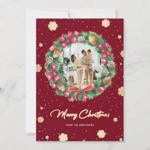 Tarjeta Festiva Elegante foto de Wreath con copos de nieve de oro 