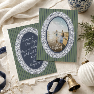 Tarjeta Festiva Elegante foto en marco ovalado de chinoiserie azul