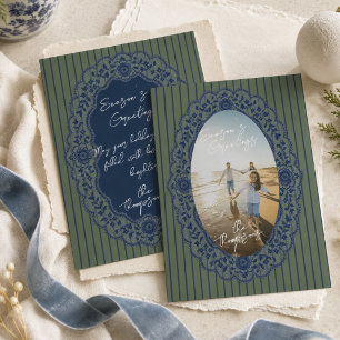 Tarjeta Festiva Elegante foto en marco ovalado de chinoiserie azul