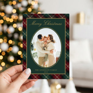 Tarjeta Festiva Elegante Foto Familiar de Cuadros Navideños Clásic