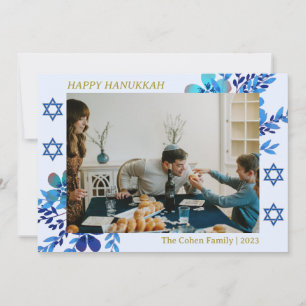 Tarjeta Festiva Elegante foto familiar de Hanukkah azul simple