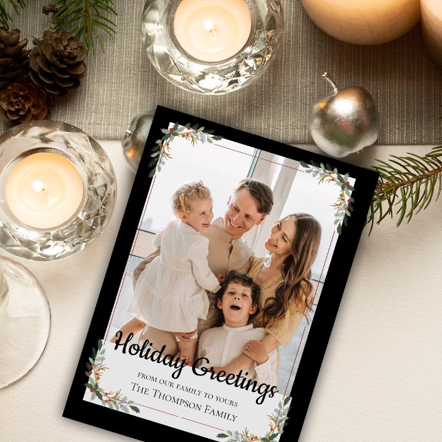 Tarjeta Festiva Elegante foto familiar de Navidades de marco de ho (Elegant Green leaves Frame Christmas Family Photo Holiday Card)