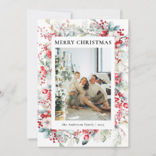 Tarjeta Festiva Elegante foto familiar de Navidades Red Holly Berr