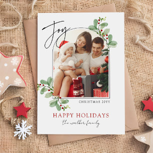Tarjeta Festiva Elegante foto familiar de Navidades verdes rojos