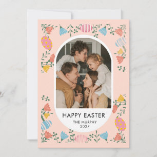 Tarjeta Festiva Elegante Foto Familiar de Pascua Floral Oval Color