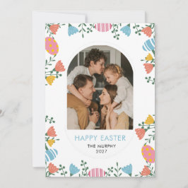 Tarjeta Festiva Elegante Foto Familiar de Pascua Floral Oval en Co