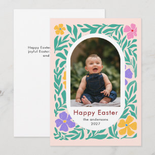 Tarjeta Festiva Elegante Foto Familiar de Pascua Floral Oval Simpl