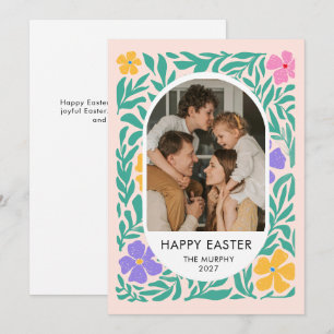 Tarjeta Festiva Elegante foto familiar de Pascua floral ovalada si