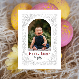 Tarjeta Festiva Elegante foto familiar de Pascua floral ovalada si