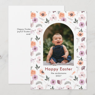 Tarjeta Festiva Elegante foto familiar de Pascua floral ovalada si