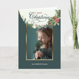 Tarjeta Festiva Elegante foto floral de caligrafía navideña