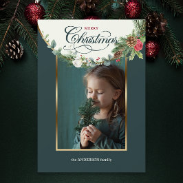 Tarjeta Festiva Elegante foto floral de caligrafía navideña