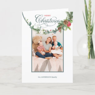 Tarjeta Festiva Elegante foto floral de caligrafía navideña