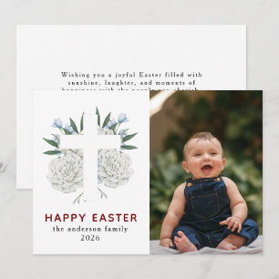 Tarjeta Festiva Elegante foto floral moderna y cruz feliz Pascua
