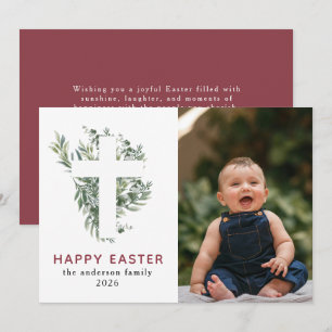 Tarjeta Festiva Elegante foto floral moderna y cruz feliz Pascua