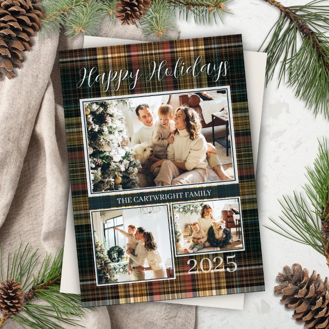 Tarjeta Festiva Elegante foto formal de la familia trabajada Felic (modern rustic plaid happy holidays card with 3 photos family name, year and personalized message)