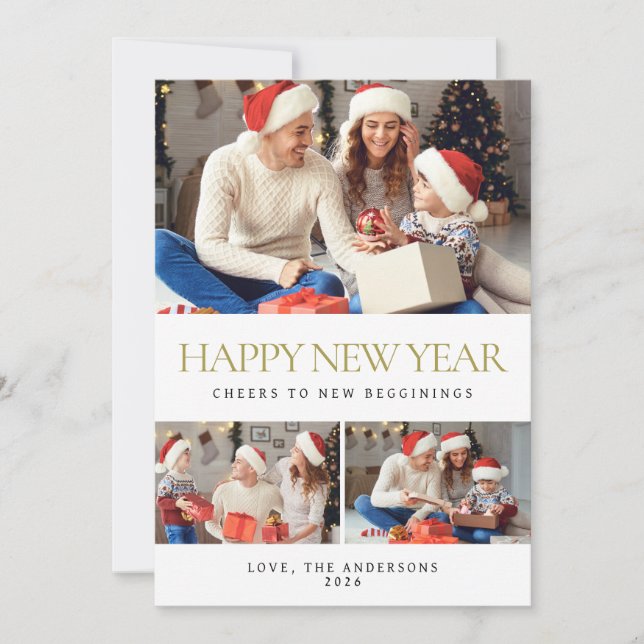 Tarjeta Festiva Elegante foto mínima feliz de la familia de Año Nu (Anverso)