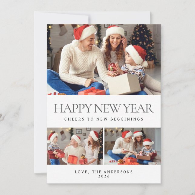 Tarjeta Festiva Elegante foto mínima feliz de la familia de Año Nu (Anverso)
