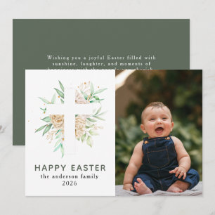 Tarjeta Festiva Elegante foto moderna floral y cruz feliz Pascua