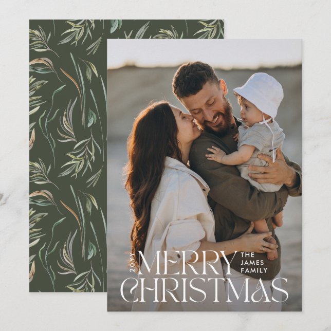 Tarjeta Festiva Elegante foto moderna mínima oliva verde botánico (Anverso / Reverso)