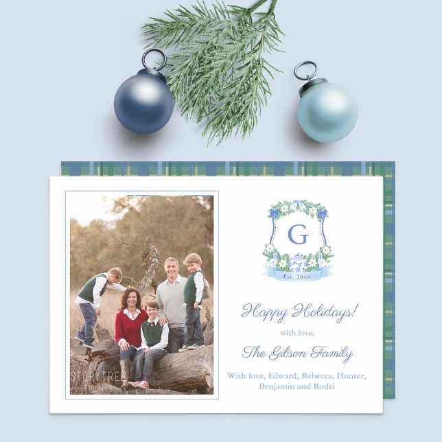 Tarjeta Festiva Elegante Foto Monograma De Navidades Azules Y Blan (Family Photo Card: Crest with hand painted blue green and white elements and space for a monogram)