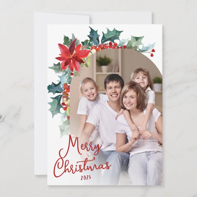Tarjeta Festiva Elegante foto Navidades del Arco Floral de Poinset (Anverso)