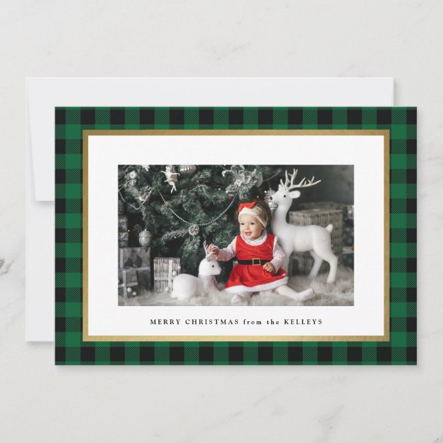 Tarjeta Festiva Elegante foto personalizada de Green Plaid (Anverso)