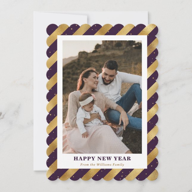 Tarjeta Festiva Elegante foto Purple Gold Happy Year Card (Anverso)