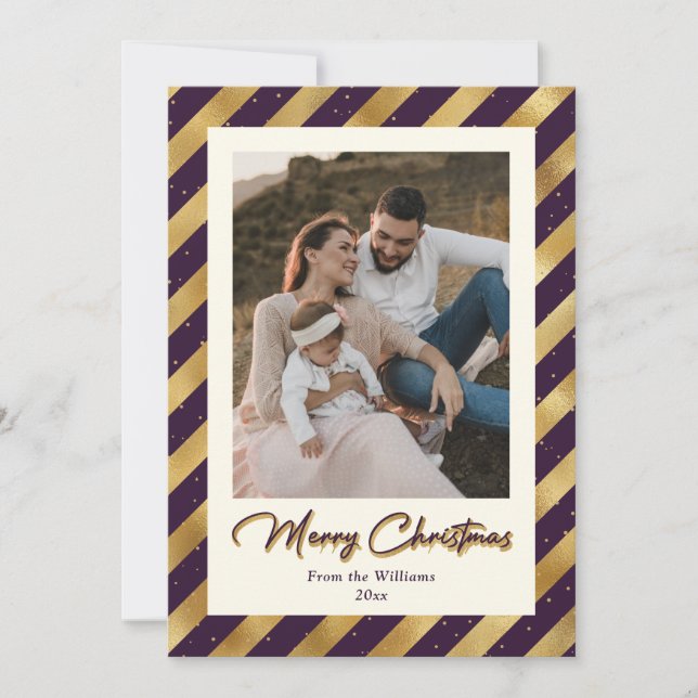 Tarjeta Festiva Elegante foto Purple y Gold Merry Christmas (Anverso)