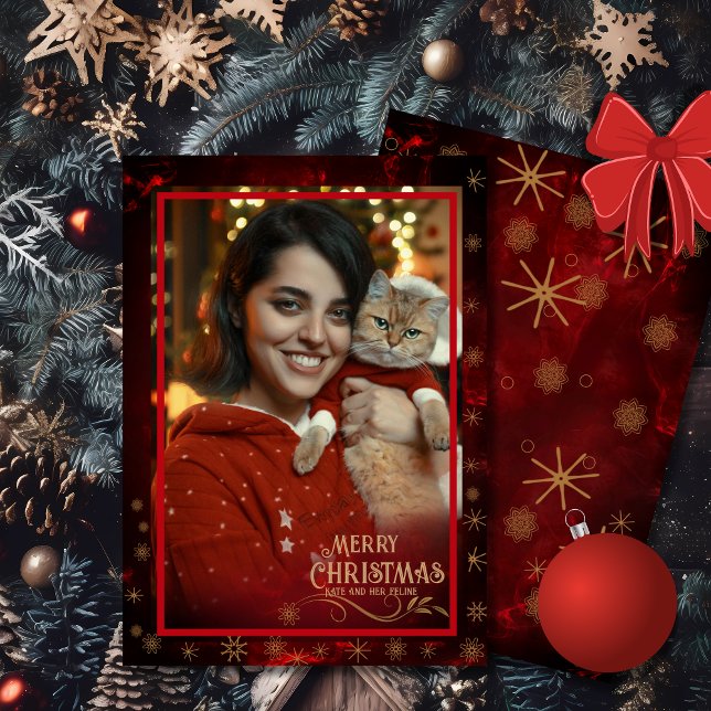 Tarjeta Festiva Elegante foto RED GOLD Merry Christmas (Elegant Photo RED GOLD Merry Christmas Holiday Card)