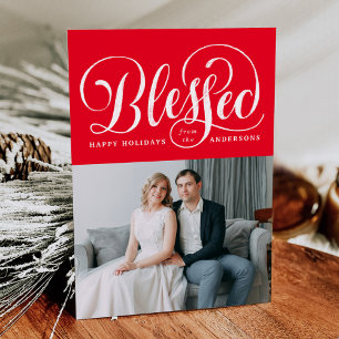 Tarjeta Festiva Elegante foto roja con letra manuscrita bendita