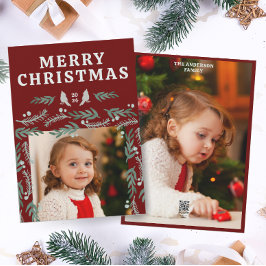 Tarjeta Festiva Elegante frontera de Garland con dos fotos