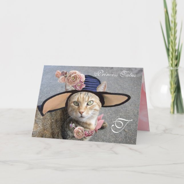 Tarjeta Festiva ELEGANTE GATO CON GRAN GORRA DIVA, ROSES PINK Vale (Anverso)