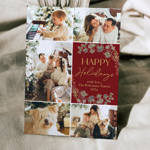 Tarjeta Festiva Elegante Gold Red 5 Photo Happy Holidays Card