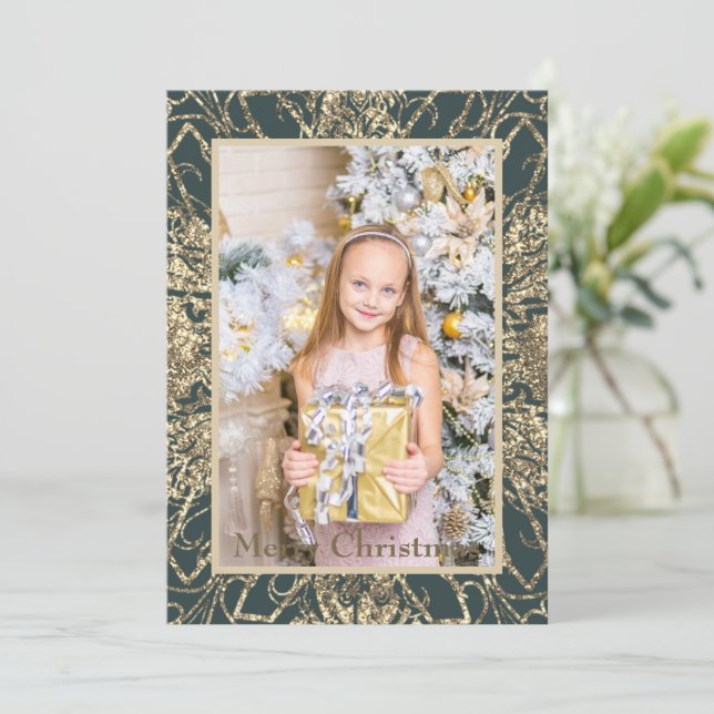 Tarjeta Festiva Elegante Golden Merry Christmas Photo Real (Anverso de pie)