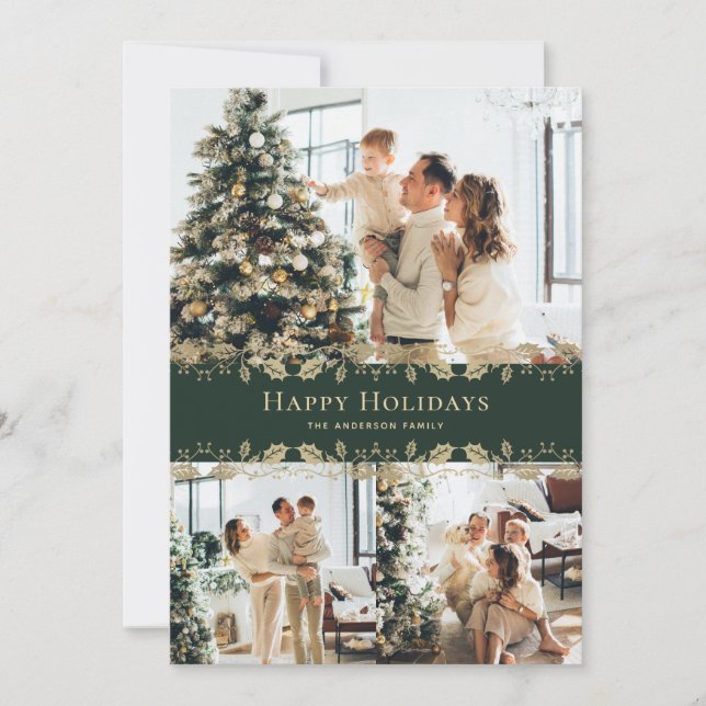 Tarjeta Festiva Elegante Green Gold Holly Photo Happy Holidays (Anverso)