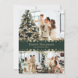 Tarjeta Festiva Elegante Green Gold Holly Photo Happy Holidays