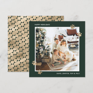 Tarjeta Festiva Elegante Green Gold Paw Photo Happy Howlidays