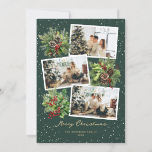 Tarjeta Festiva Elegante Green Multi Photo Merry Christmas Card