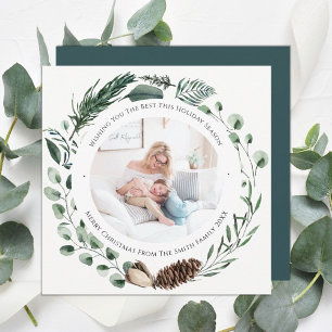 Tarjeta Festiva Elegante Green Pine Bough Wreath Watercolor Floral