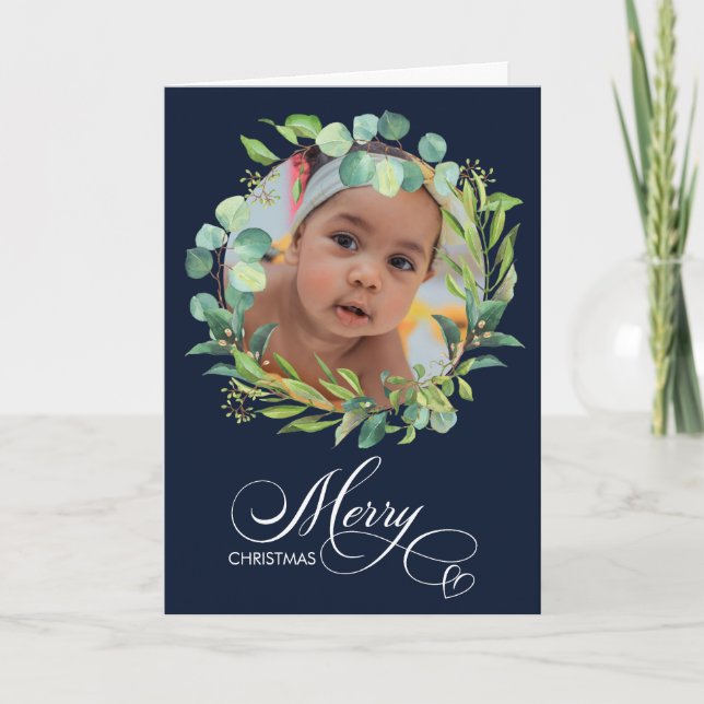 Tarjeta Festiva Elegante guión azul moderno Foliage Eucalyptus (Anverso)