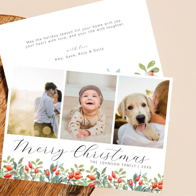 Tarjeta Festiva Elegante guión Collage de fotos de Navidades botán (elegant script botanical winter greenery red berries three photo collage custom greetings Christmas )