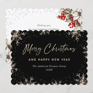 Tarjeta Festiva Elegante guión copo de nieve negro botánico empres